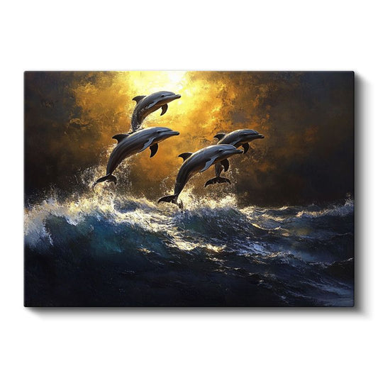 Altın Yunuslar - Dalgalarda Sıçrayan Dörtlü Kanvas Tablo