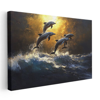 Altın Yunuslar - Dalgalarda Sıçrayan Dörtlü Kanvas Tablo