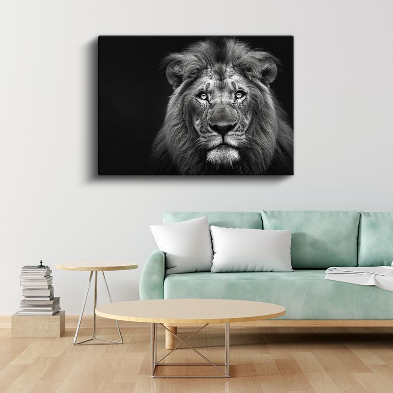 Aslan Portresi - Siyah Beyaz Heybetli Bakış Kanvas Tablo