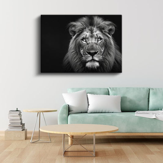 Aslan Portresi - Siyah Beyaz Heybetli Bakış Kanvas Tablo