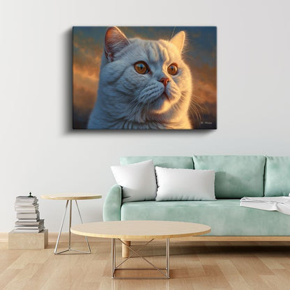 Beyaz Kedi - Akşam Işığında Huzurlu Bakış Kanvas Tablo