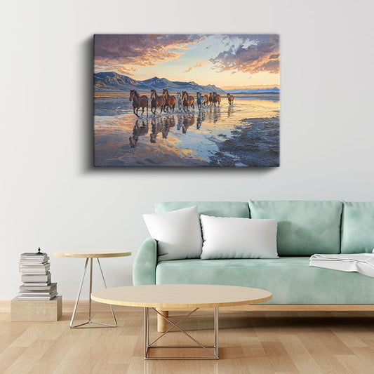 Koşan Atlar - Suda Yansıyan Özgür Ruhlar Kanvas Tablo
