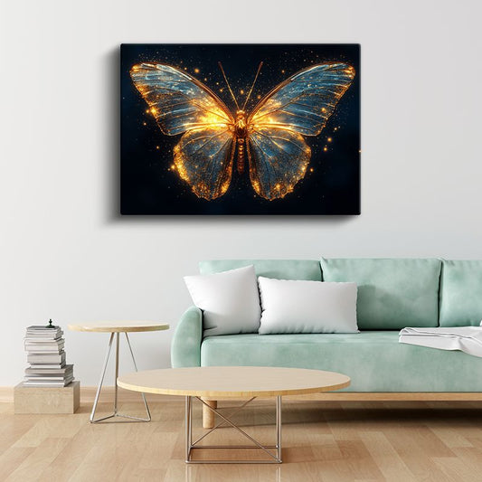 Işıltılı Kelebek - Altın Mavi Kanatların Dansı Kanvas Tablo
