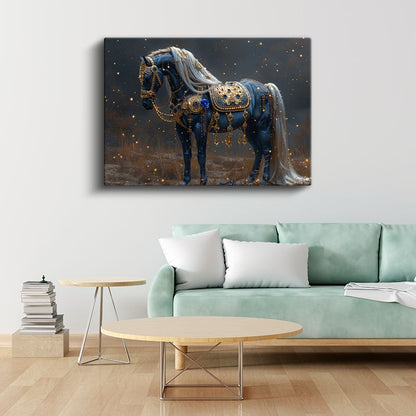 Mavi At - Altın Detaylarla Süslenmiş Fantezi Kanvas Tablo