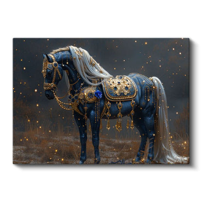 Mavi At - Altın Detaylarla Süslenmiş Fantezi Kanvas Tablo