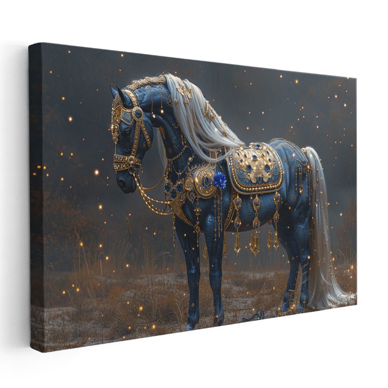 Mavi At - Altın Detaylarla Süslenmiş Fantezi Kanvas Tablo