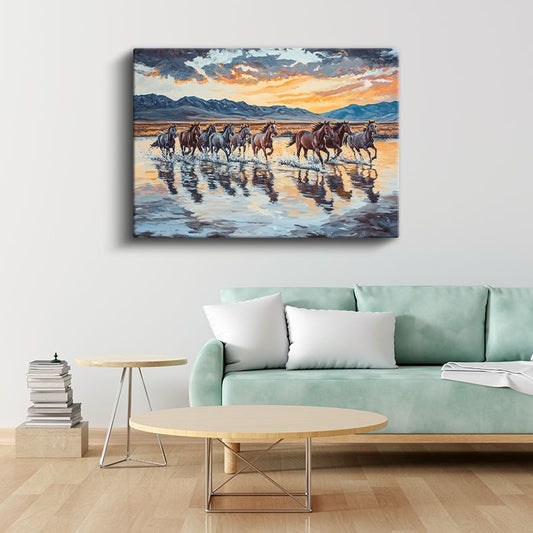 Yağlı Boya Atlar - Suda Sıçrayan Sürünün Özgürlüğü Kanvas Tablo