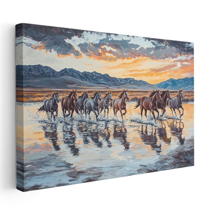 Yağlı Boya Atlar - Suda Sıçrayan Sürünün Özgürlüğü Kanvas Tablo