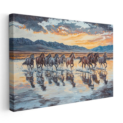 Yağlı Boya Atlar - Suda Sıçrayan Sürünün Özgürlüğü Kanvas Tablo