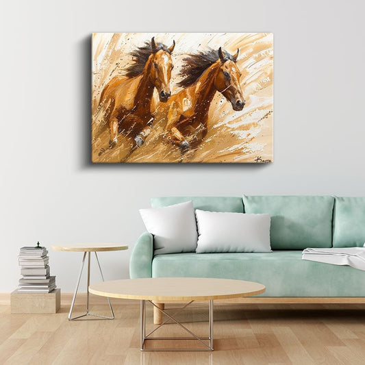 Koşan Atlar - Kahverengi İkilinin Dinamizmi Kanvas Tablo