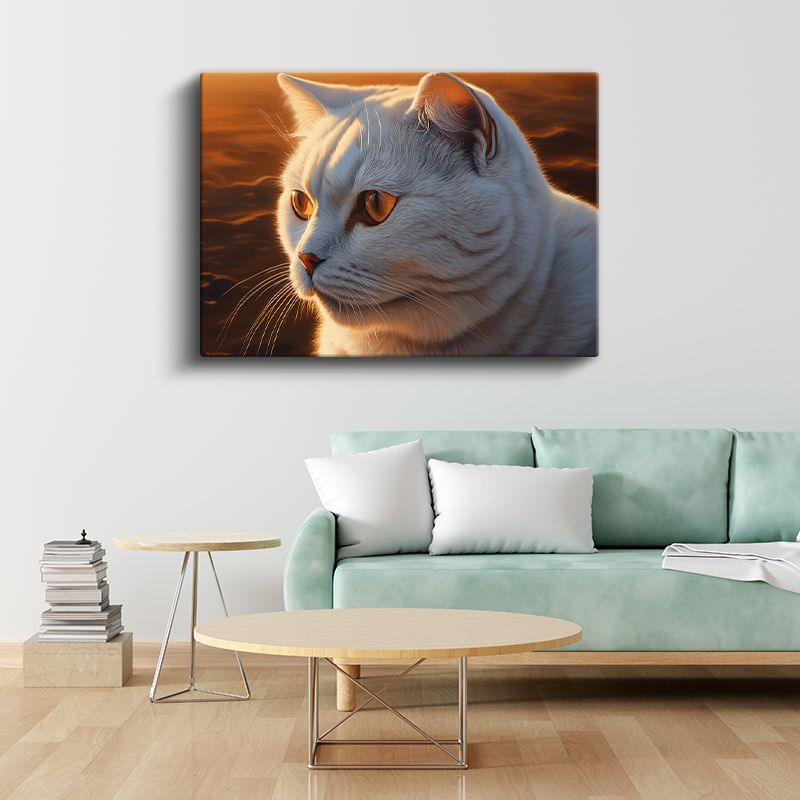 Beyaz Kedi - Gün Batımında Huzurlu Profil Kanvas Tablo