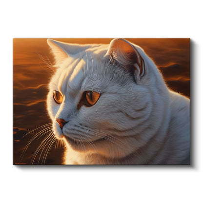 Beyaz Kedi - Gün Batımında Huzurlu Profil Kanvas Tablo