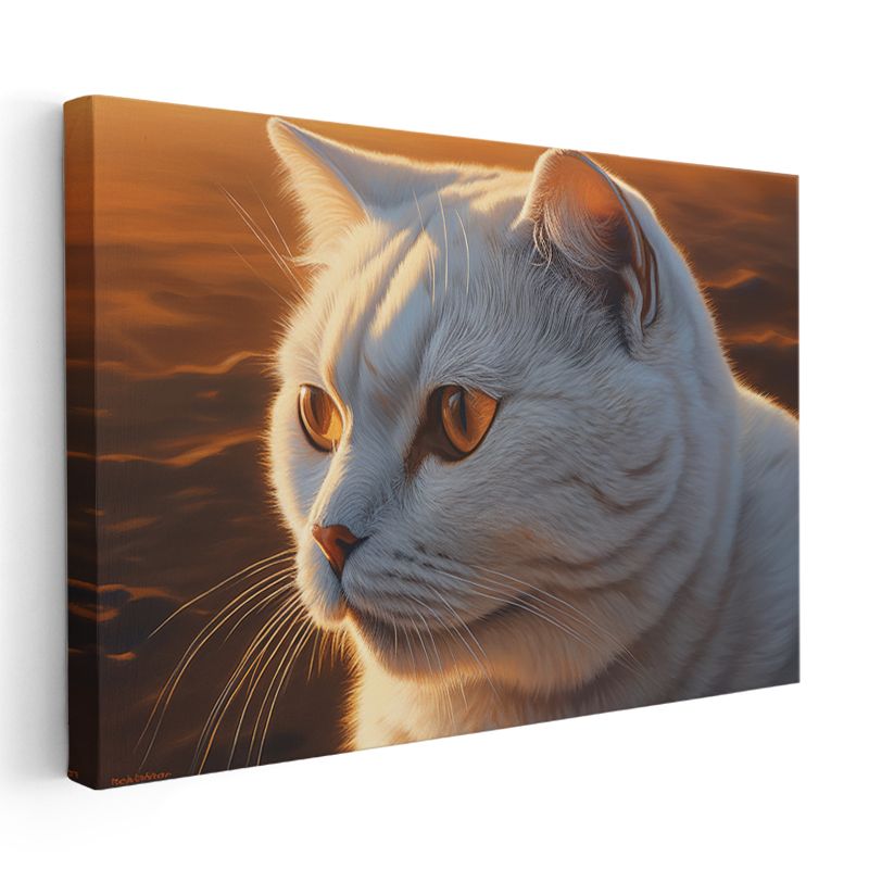 Beyaz Kedi - Gün Batımında Huzurlu Profil Kanvas Tablo