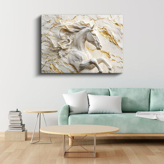 Mermer At - Altın Detaylı Beyaz Heykel Kanvas Tablo