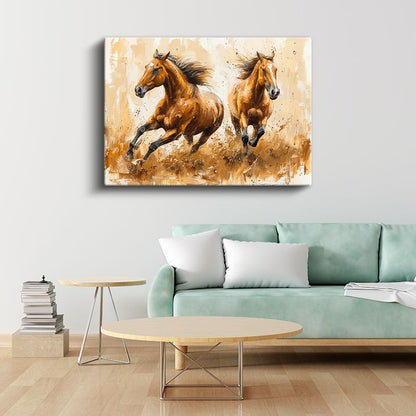 Koşan Atlar - Yağlı Boya Kahverengi İkili Kanvas Tablo