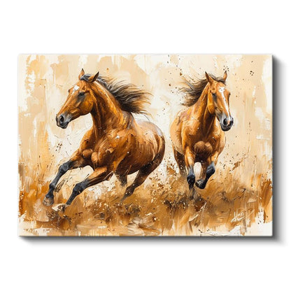 Koşan Atlar - Yağlı Boya Kahverengi İkili Kanvas Tablo