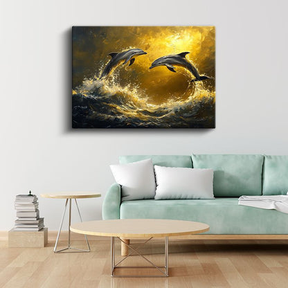 Altın Dalgalar Yunusları - Görkemli Sıçrayış Anı Kanvas Tablo