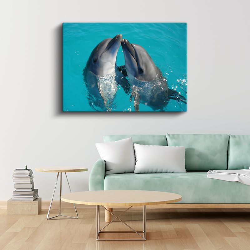 Sevgi Dolu Yunuslar - Turkuaz Suda Buluşma Anı Kanvas Tablo