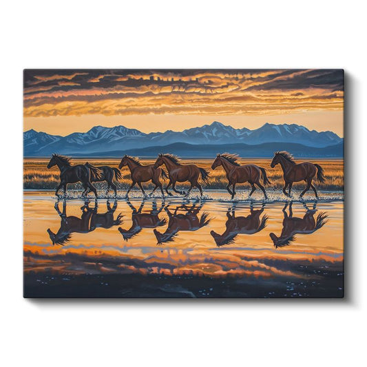 Yansımalı Koşu - Gün Batımında Özgür Atlar Sürüsü Kanvas Tablo