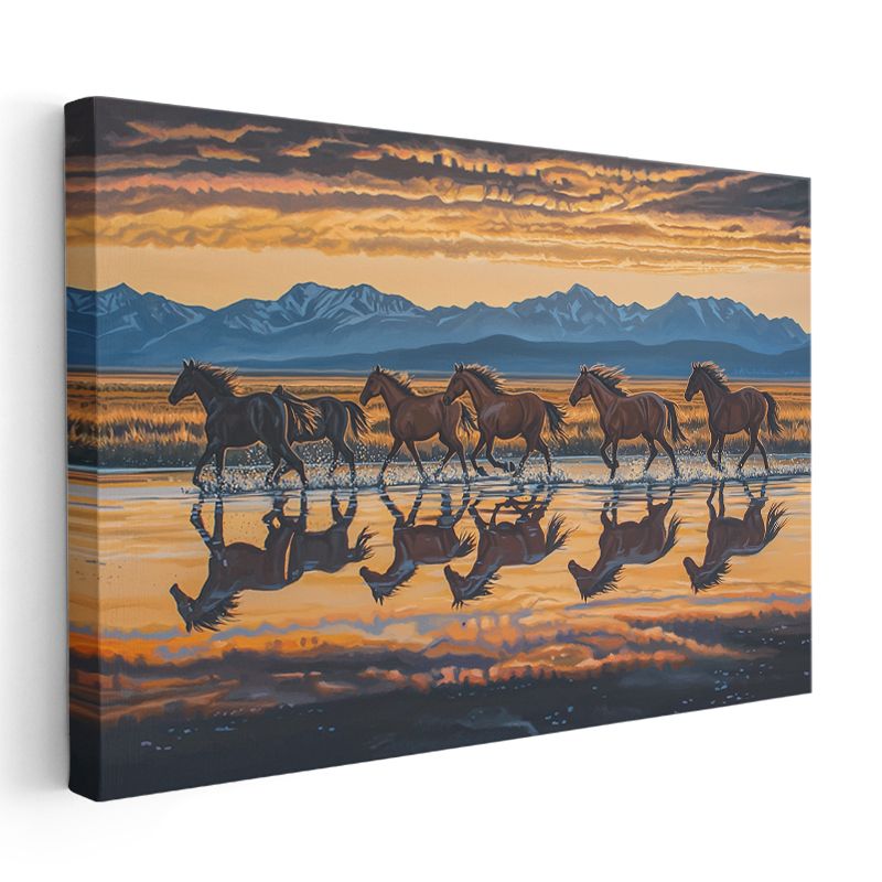 Yansımalı Koşu - Gün Batımında Özgür Atlar Sürüsü Kanvas Tablo