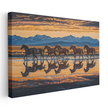 Yansımalı Koşu - Gün Batımında Özgür Atlar Sürüsü Kanvas Tablo