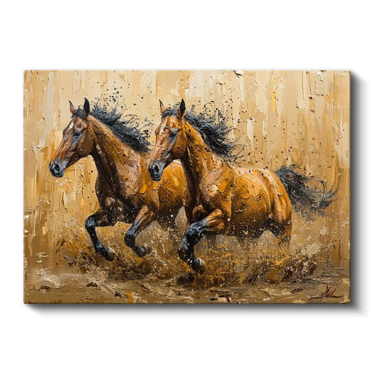 Çamurda Koşan Atlar - Dinamik İkili Kanvas Tablo