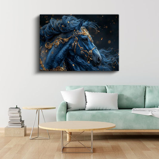 Mavi Fantezi At - Altın Detaylarla Süslenmiş Asil Portre Kanvas Tablo