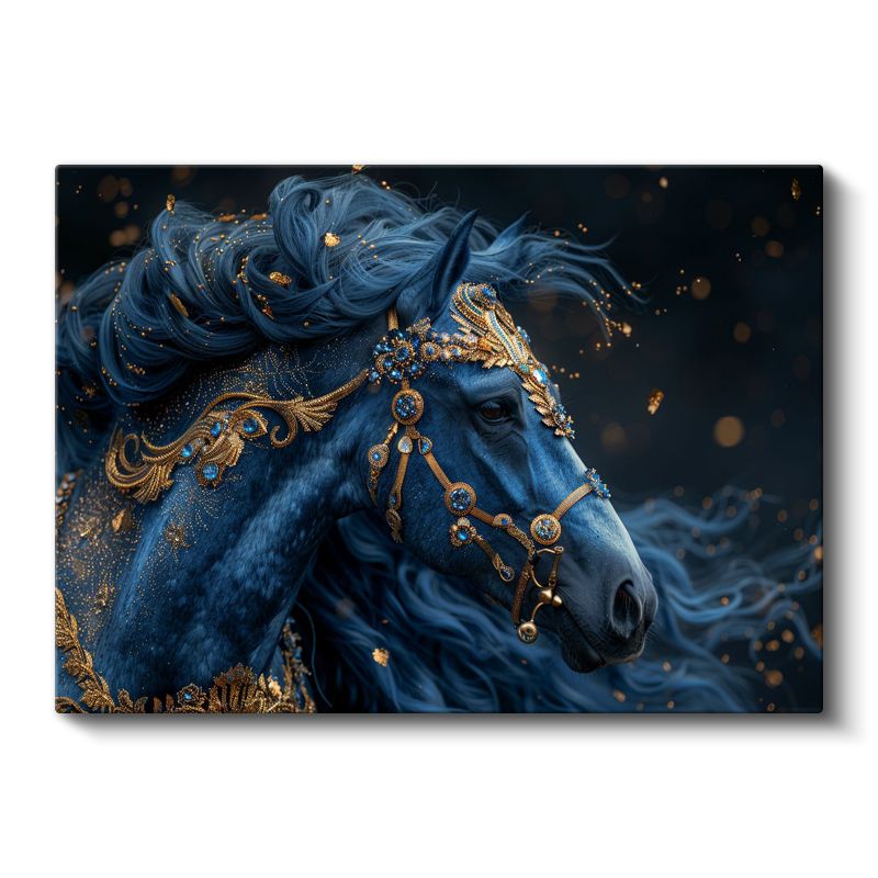 Mavi Fantezi At - Altın Detaylarla Süslenmiş Asil Portre Kanvas Tablo