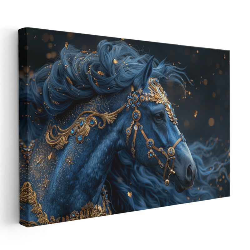Mavi Fantezi At - Altın Detaylarla Süslenmiş Asil Portre Kanvas Tablo