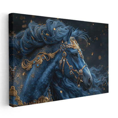 Mavi Fantezi At - Altın Detaylarla Süslenmiş Asil Portre Kanvas Tablo