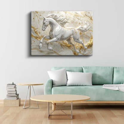 Asil Beyaz At - Altın Detaylı Mermer Efektli Kanvas Tablo