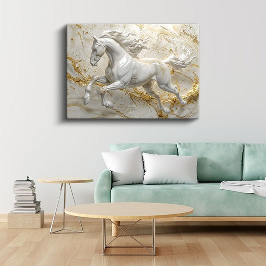 Asil Beyaz At - Altın Detaylı Mermer Efektli Kanvas Tablo