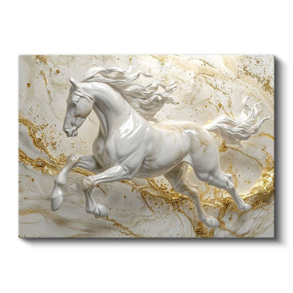 Asil Beyaz At - Altın Detaylı Mermer Efektli Kanvas Tablo