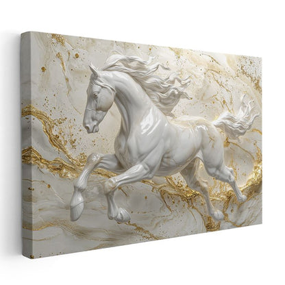 Asil Beyaz At - Altın Detaylı Mermer Efektli Kanvas Tablo