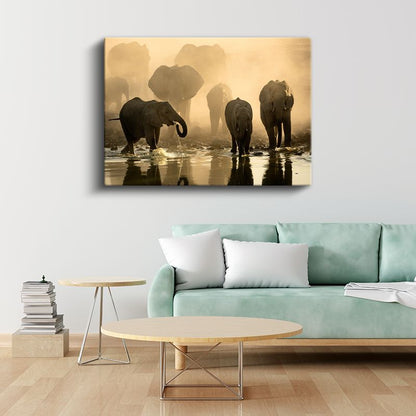 Fil Sürüsü - Sisli Sularda Yürüyüş Kanvas Tablo