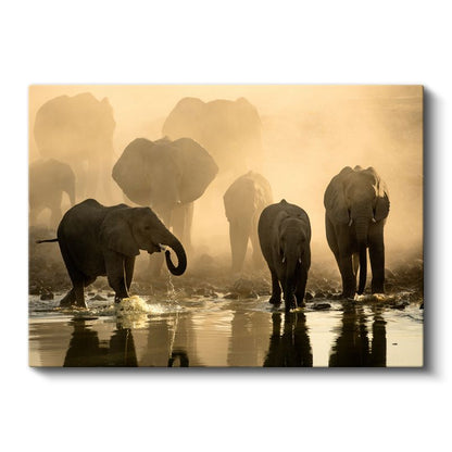 Fil Sürüsü - Sisli Sularda Yürüyüş Kanvas Tablo