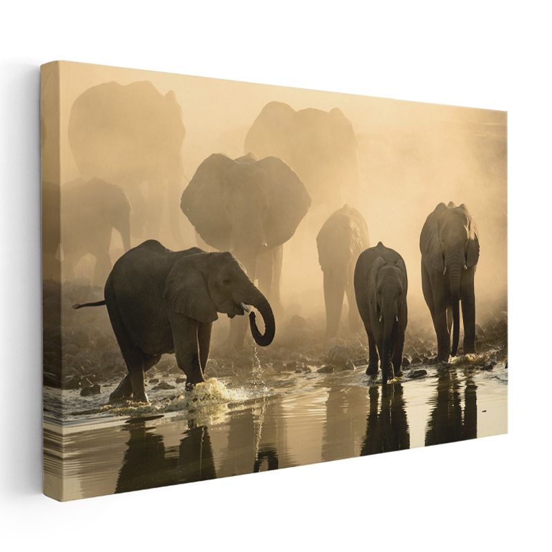 Fil Sürüsü - Sisli Sularda Yürüyüş Kanvas Tablo