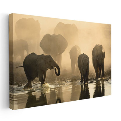 Fil Sürüsü - Sisli Sularda Yürüyüş Kanvas Tablo