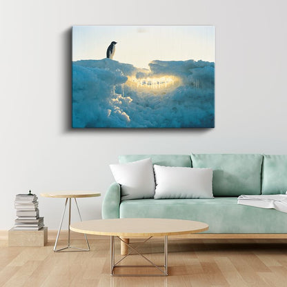 Buzul Penguen - Altın Işıklı Kar Manzarası Kanvas Tablo