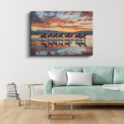 Koşan At Sürüsü - Alev Renkli Sularda Yansıma Kanvas Tablo