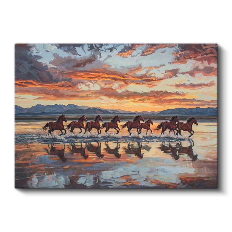 Koşan At Sürüsü - Alev Renkli Sularda Yansıma Kanvas Tablo