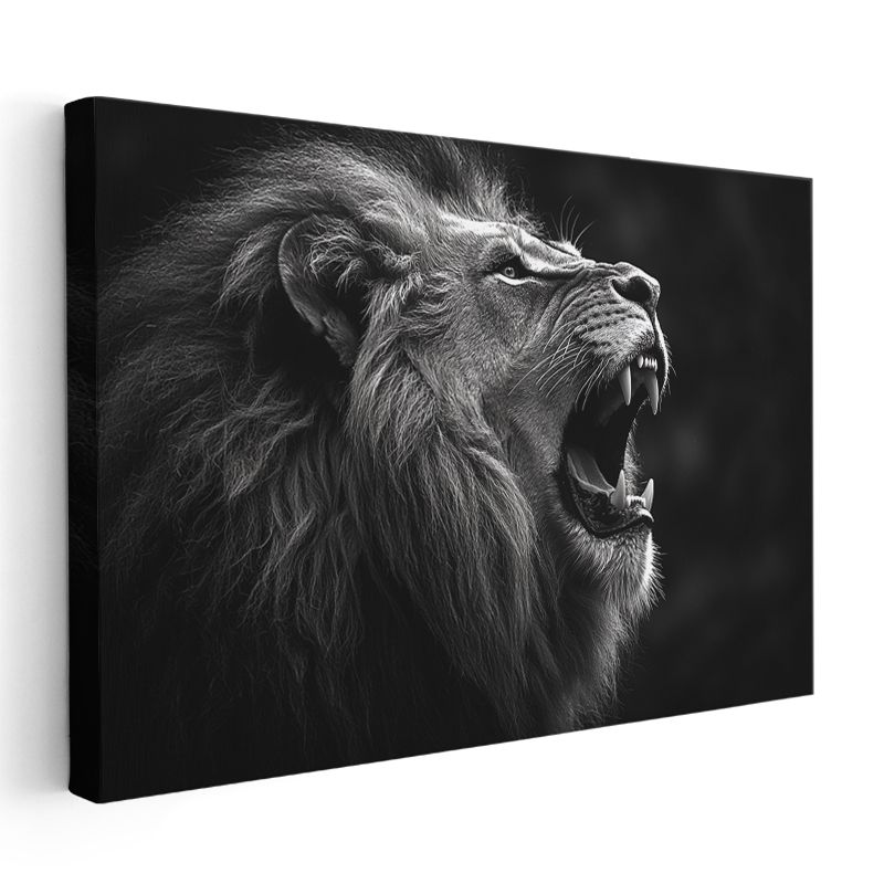 Kükreyen Aslan - Siyah Beyaz Güç Portresi Kanvas Tablo