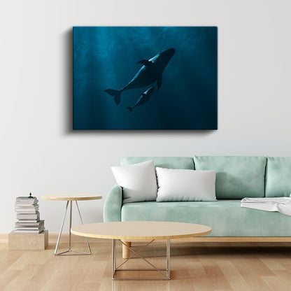 Derin Suda Yunuslar - Mavi Tonlarda Anne Yavru Kanvas Tablo