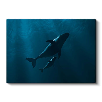 Derin Suda Yunuslar - Mavi Tonlarda Anne Yavru Kanvas Tablo