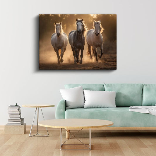 Üçlü At Koşusu - Altın Işıklı Tozlu Yolda Kanvas Tablo