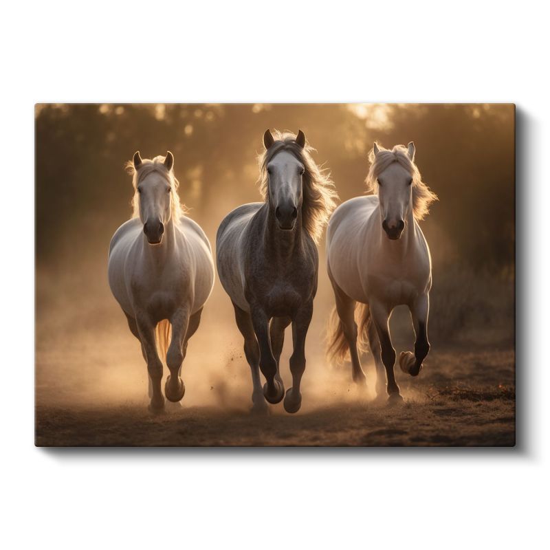 Üçlü At Koşusu - Altın Işıklı Tozlu Yolda Kanvas Tablo