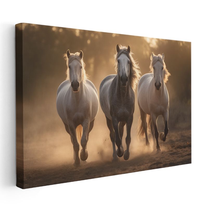 Üçlü At Koşusu - Altın Işıklı Tozlu Yolda Kanvas Tablo