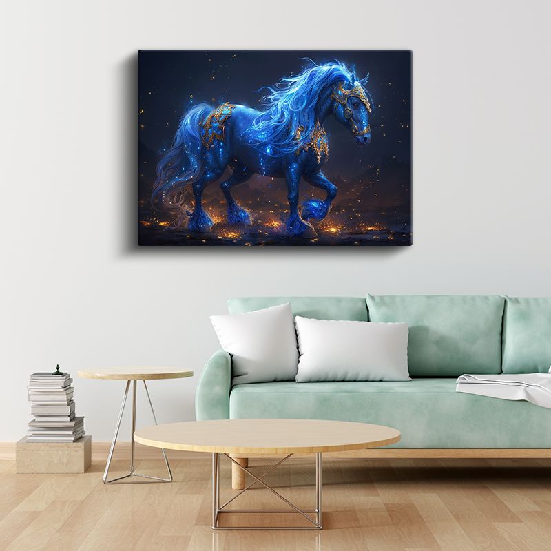 Fantastik Mavi At - Altın Detaylı Büyülü Görünüm Kanvas Tablo
