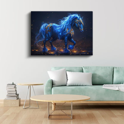 Fantastik Mavi At - Altın Detaylı Büyülü Görünüm Kanvas Tablo