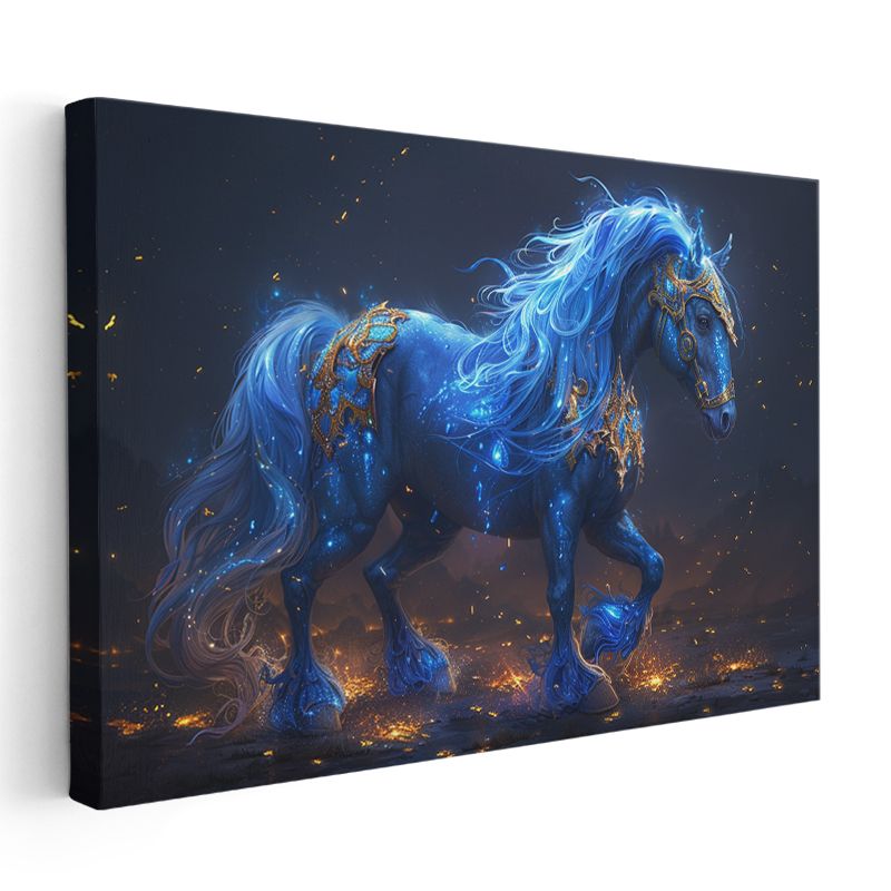 Fantastik Mavi At - Altın Detaylı Büyülü Görünüm Kanvas Tablo